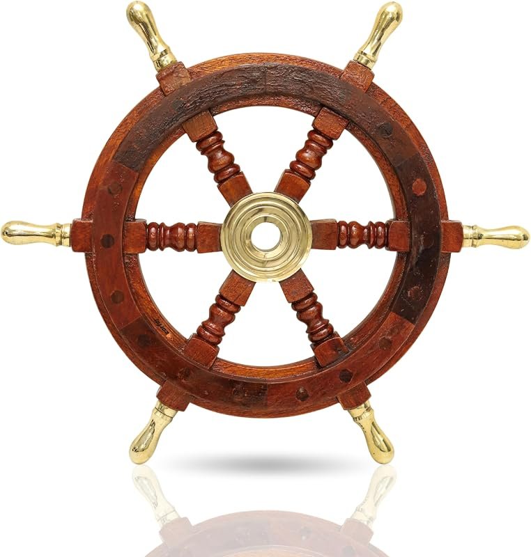 Wooden ship wheel with brass tips